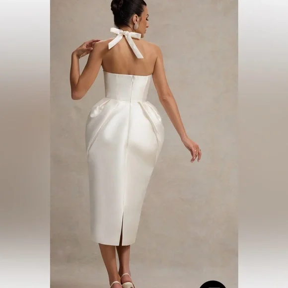 Club L London COSETTA
WHITE HALTER-NECK MIDI DRESS WITH TULIP SKIRT - Picture 3 of 10